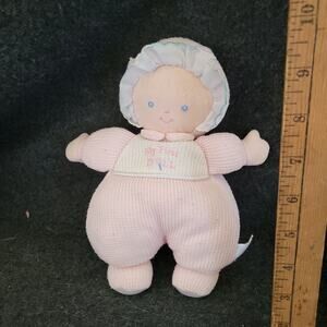 Prestige My First Doll Pink Flower Rattle Plush Baby Bonnet Blond Hair Lovey 8”
